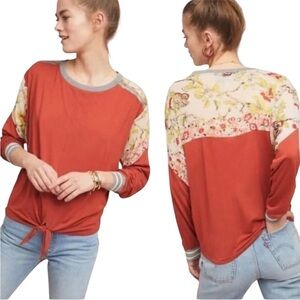Anthropologie TINY Pippa Burnt Orange Floral Butterfly Mixed Media Tie Top - S